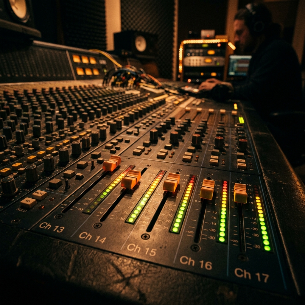 Mixing console with glowing faders
